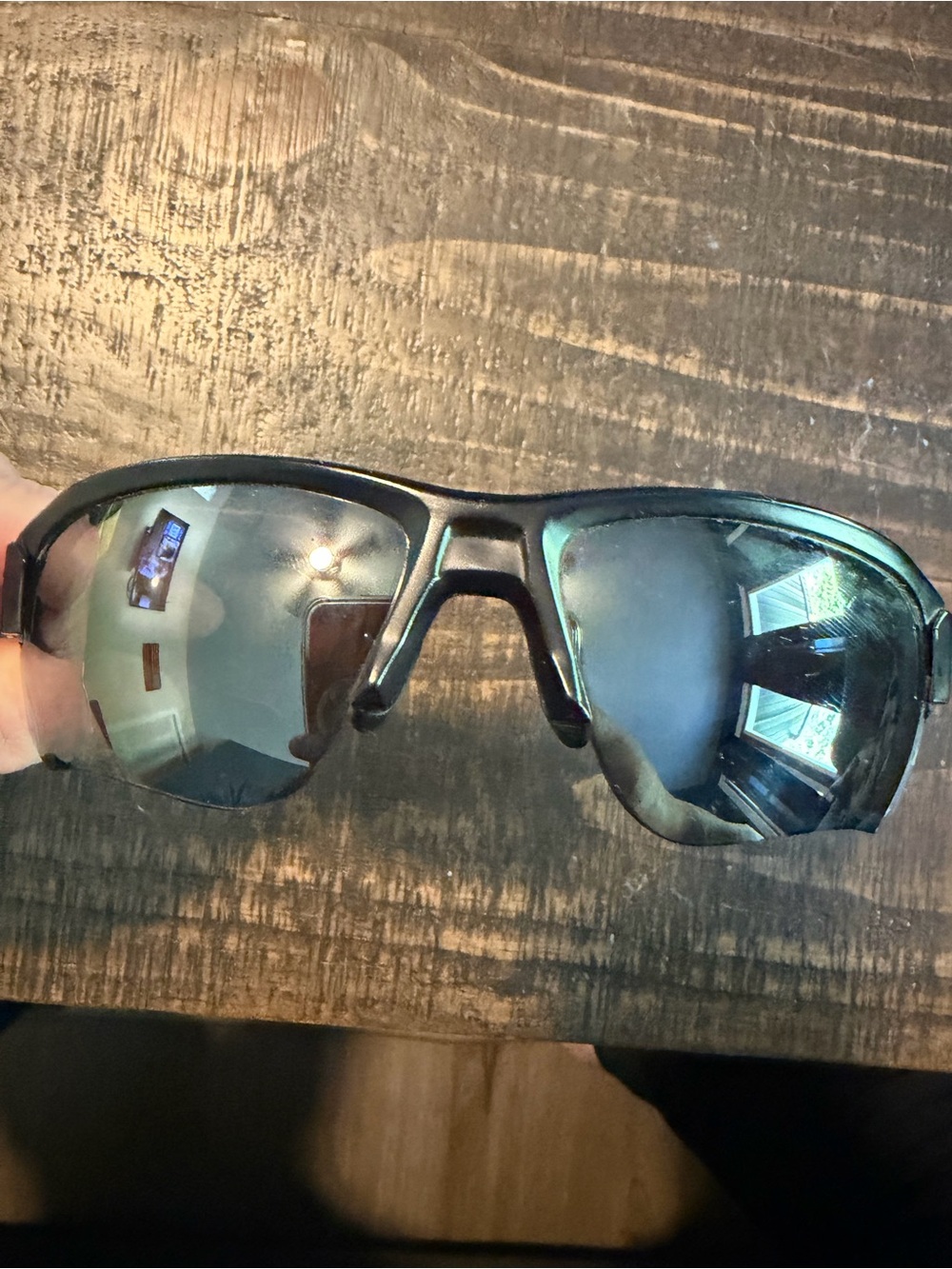 Oakley Black Sport Sunglasses with Blue-Gray Mirrored Lenses